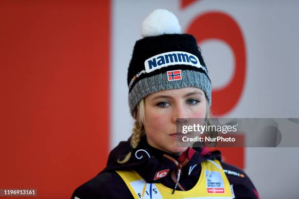 Maren Lundby of Norway reacts after winning the first place during the FIS Ski Jumping Women's World Cup in Rasnov, Romania, 26 January 2020