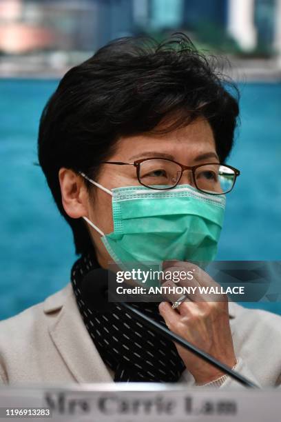 Hong Kong's Chief Executive Carrie Lam takes part in a press conference while wearing a facemask in Hong Kong on January 28 to update the territory...