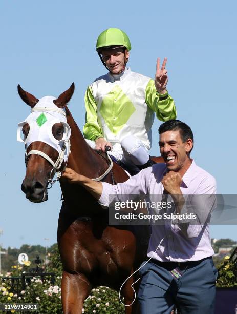 Trainer Peter Gelagotis and Jockey Beau Mertens after riding El Don to win Race 7, Bagot Handicap during Melbourne Racing at Flemington Racecourse on...