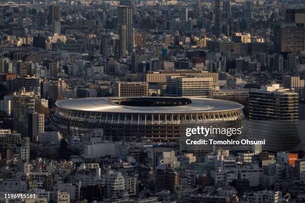 The new National Stadium, the main stadium for the upcoming Tokyo 2020 Olympic and Paralympic Games, is seen from the Shibuya Sky observation deck at...