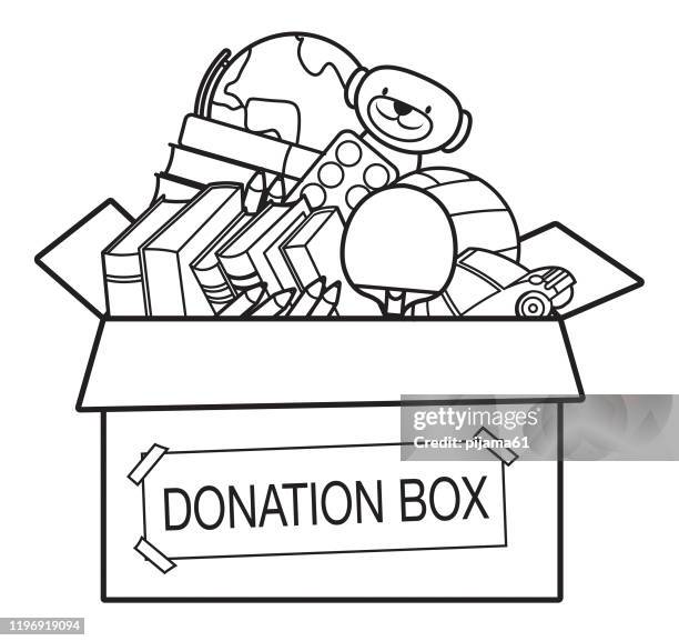 coloring book, donation box full of toys, books, - toy box stock illustrations