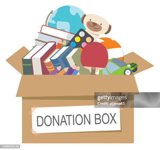 ilustraciones, imágenes clip art, dibujos animados e iconos de stock de caja de donación llena de juguetes, libros, - lapices de colores