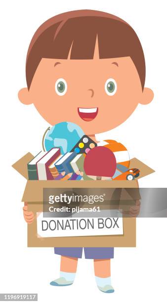 boy holding donate box with books, pencils and toys - child poverty stock illustrations