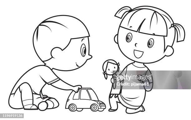 coloring book, kids playing with toy - nursery school child stock illustrations