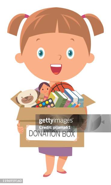 girl  holding donate box with books, pencils and toys - child poverty stock illustrations