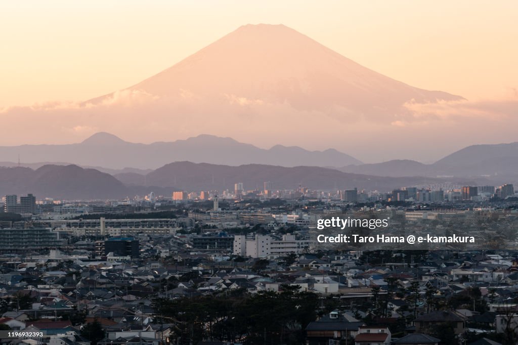 Snow-capped Mt. Fuji and residential districts in Kanagawa prefecture of Japan