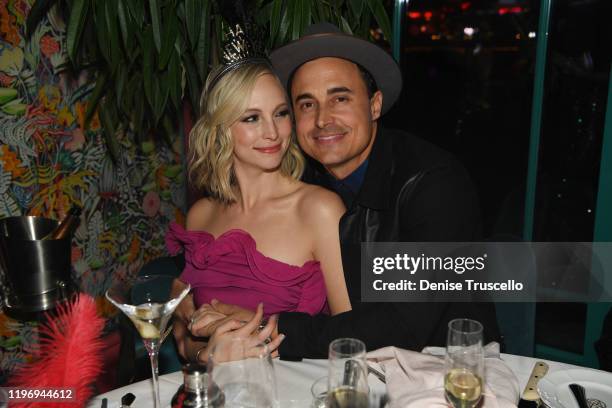Actress Candice Accola and guitarist/songwriter of The Fray Joe King and actor Tanner Novlan attend Mayfair Supper Club during its debut on New Years...