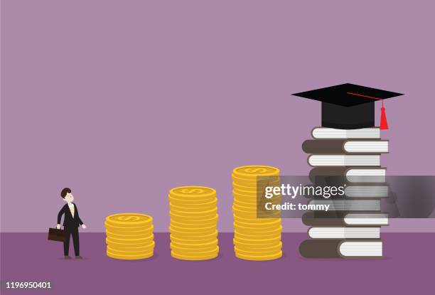 businessman looking for a graduation cap on top of the book stack. - graduation gown vector stock illustrations
