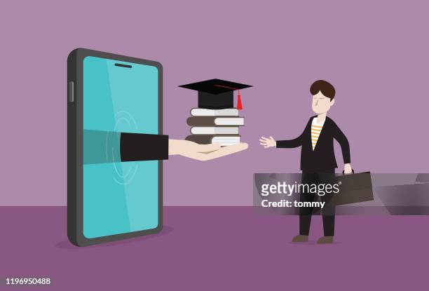 businessman receives a book and graduation cap from a mobile phone - graduation gown stock illustrations