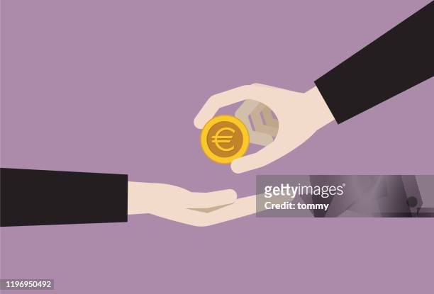 businessman gives a euro coin - cartoon stock illustrations stock illustrations
