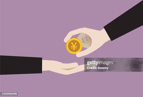 businessman gives a yen coin - yuan symbol stock illustrations