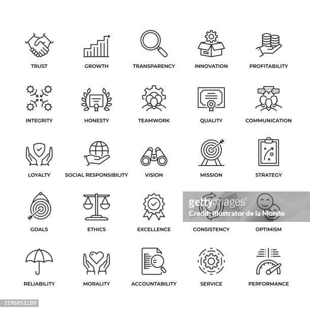 premium quality core values icon set - business strategy stock illustrations