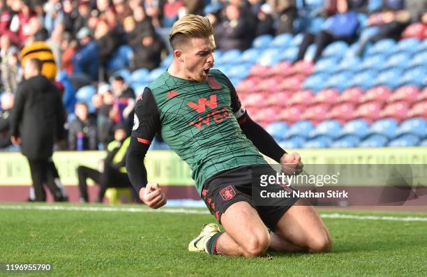 Jack Grealish of Aston Villa celebrates after scoring his sides second goal during the Premier League match between Burnley FC and Aston Villa at...
