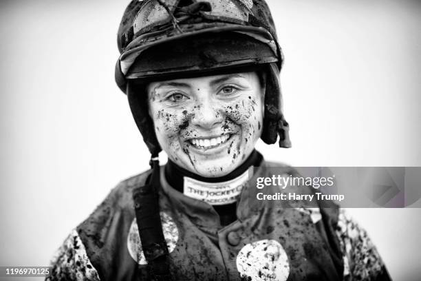 Muddy Jockey Bryony Frost poses for a photo after racing in the Racing TV Extra Novices’ Hurdle at Exeter Racecourse on January 01, 2020 in Exeter,...