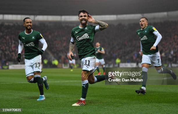 Dom Telford of Plymouth Argyle celebrates scoring his side's first goal during the Sky Bet League Two match between Plymouth Argyle and Swindon Town...