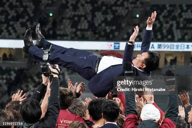 Hiroshi Mikitani president is lifted into the air by players of Vissel Kobe during the 99th Emperor's Cup final between Vissel Kobe and Kashima...