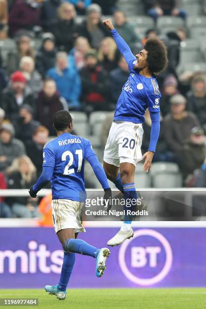 Hamza Choudhury of Leicester City celebrates after scoring his sides third goal during the Premier League match between Newcastle United and...