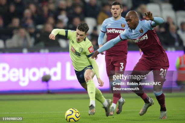 Rules no penalty after Angelo Ogbonna of West Ham United tackles Harry Wilson of Bournemouth during the Premier League match between West Ham United...