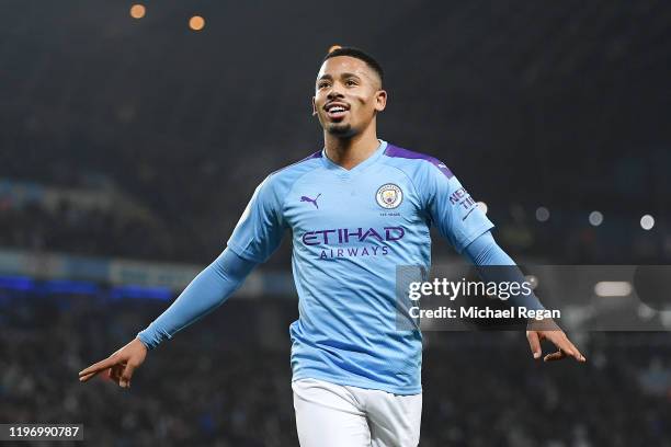 Gabriel Jesus of Manchester City celebrates after he scores his sides second goal during the Premier League match between Manchester City and Everton...