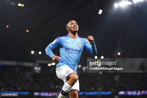 Gabriel Jesus of Manchester City celebrates after he scores his sides second goal during the Premier League match between Manchester City and Everton...