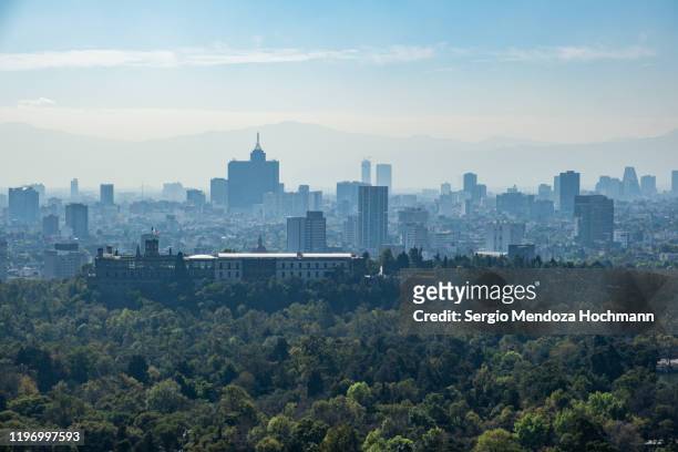 an aerial panoramic view of chapultepec park and chapultepec castle in mexico city, mexico - bosque de chapultepec stock-fotos und bilder