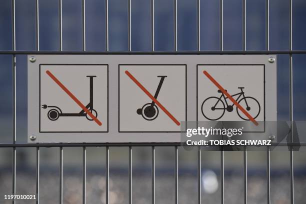 The photo shows prohibition signs of an e-roller , a segway and a bicycle in Berlin on January 28, 2020.