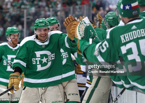 Andrej Sekera of the Dallas Stars celebrates a goal against the Nashville Predators in the third period of the 2020 Bridgestone NHL Winter Classic at...