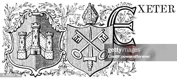 stockillustraties, clipart, cartoons en iconen met wapen van de stad en zie van exeter-19e eeuw - mijter