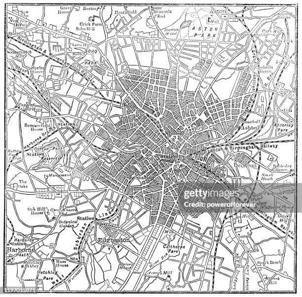 antique map of birmingham, england - 19th century - birmingham-england stock illustrations