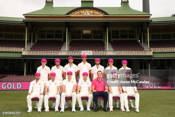 The Australian Mens Test Cricket team and Glenn McGrath pose for a photograph wearing the 'Baggy Pink' in support of the McGrath Foundation during an...