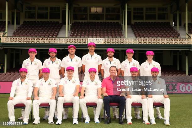 The Australian Mens Test Cricket team and Glenn McGrath pose for a photograph wearing the 'Baggy Pink' in support of the McGrath Foundation during an...