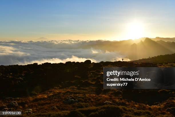 sunset on the shira plateau, with mount meru above the fog layer - mount meru stock pictures, royalty-free photos & images