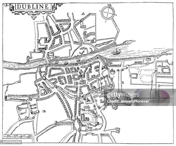 antike karte von dublin, irland - 17. jahrhundert - dublin irland stock-grafiken, -clipart, -cartoons und -symbole