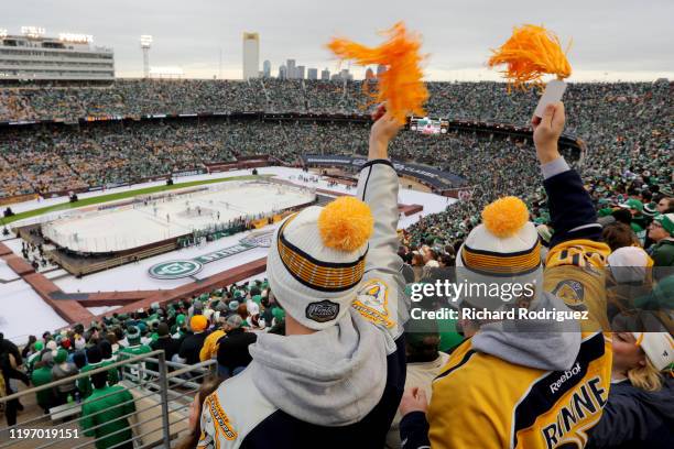 Nashville Predators fans celebrate a goal in the Bridgestone NHL Winter Classic against the Dallas Stars at Cotton Bowl on January 01, 2020 in...