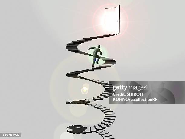 ilustraciones, imágenes clip art, dibujos animados e iconos de stock de business climbing up spiral stairs, digitally generated image - escalera de caracol