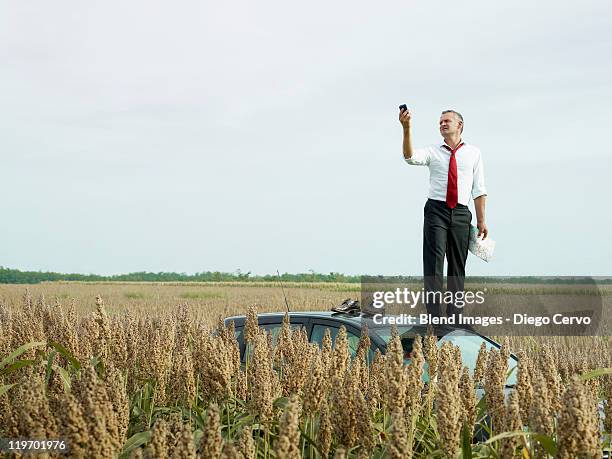 caucasian businessman on top of car in field looking at gps device - remote location phone stock pictures, royalty-free photos & images