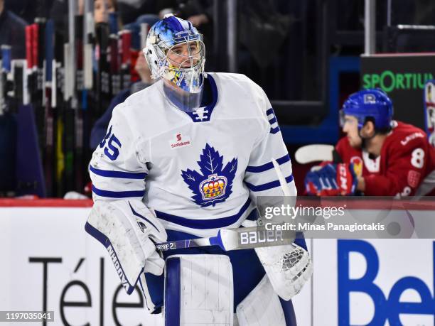 Goaltender Joseph Woll of the Toronto Marlies skates against the Laval Rocket during the second period at Place Bell on December 28, 2019 in Laval,...