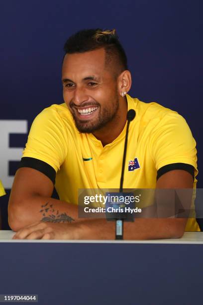 Nick Kyrios of Australia speaks to media during a press conference ahead of the 2020 ATP Cup Group Stage at Pat Rafter Arena on January 02, 2020 in...