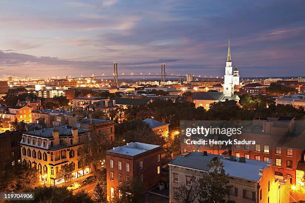 usa, georgia, savannah, cityscape with talmadge memorial bridge - savannah georgia 個照片及圖片檔