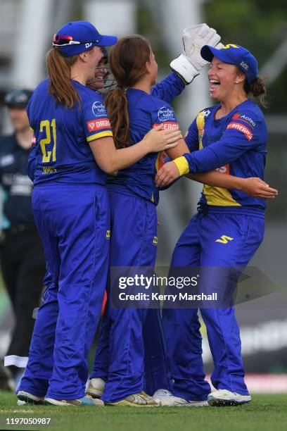 Otago Sparks players celebrate during the Dream11 Super Smash match between Central Hinds and the Otago Sparks at McLean Park on January 02, 2020 in...