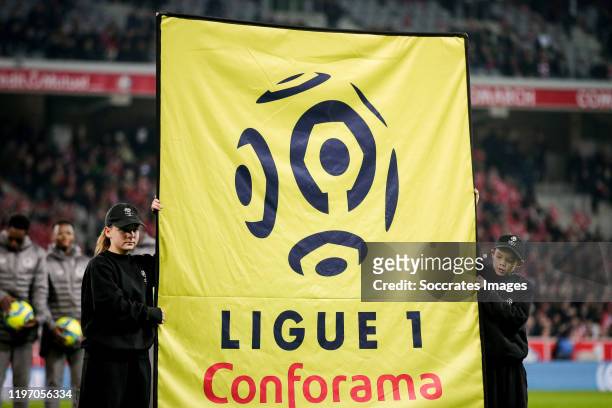 Flag with logo from Ligue 1 during the French League 1 match between Lille v Paris Saint Germain at the Stade Pierre Mauroy on January 26, 2020 in...