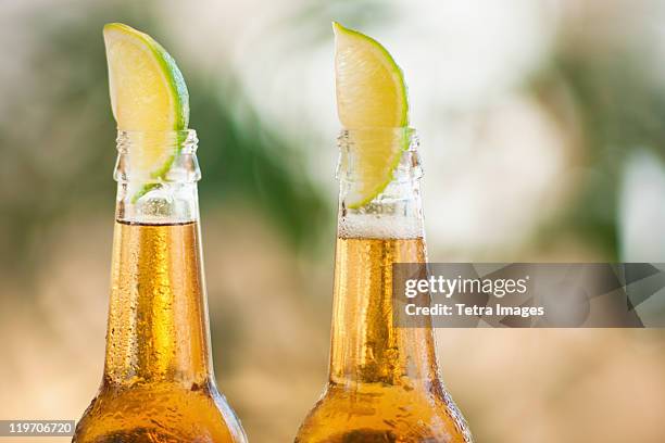two beer bottles with lime wedges - lime wedge stock pictures, royalty-free photos & images