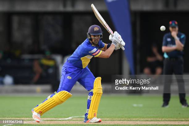 Anaru Kitchen of the Otago Volts plays a shot during the Dream11 Super Smash match between the Central Stags and the Otago Volts at McLean Park on...