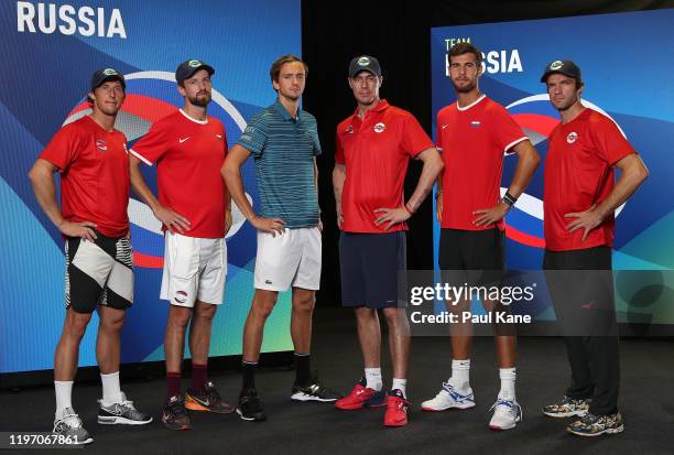 Ivan Nedelko, Konstantin Kravchuk, Daniil Medvedev, Marat Safin, Karen Khachanov and Teymuraz Gabashvili of Team Russia pose for a team photo ahead...