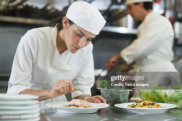 usa, new york, new york city, chef and cook preparing food in commercial kitchen - chefs hat ストックフォトと画像