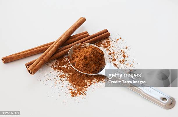 studio shot of cinnamon stick and cinnamon powder - cassia bark stock pictures, royalty-free photos & images