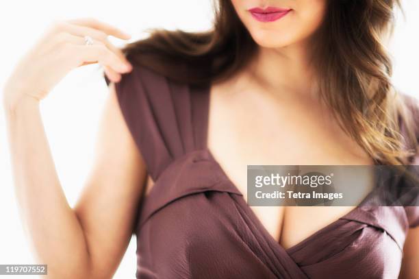close-up view of young woman's cleavage - 魅惑的な女性 ストックフォトと画像