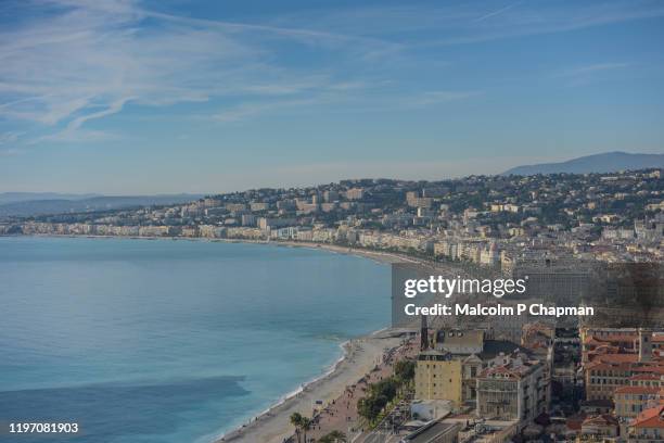 panoramic view of nice, france from colline du château - nice france stock pictures, royalty-free photos & images