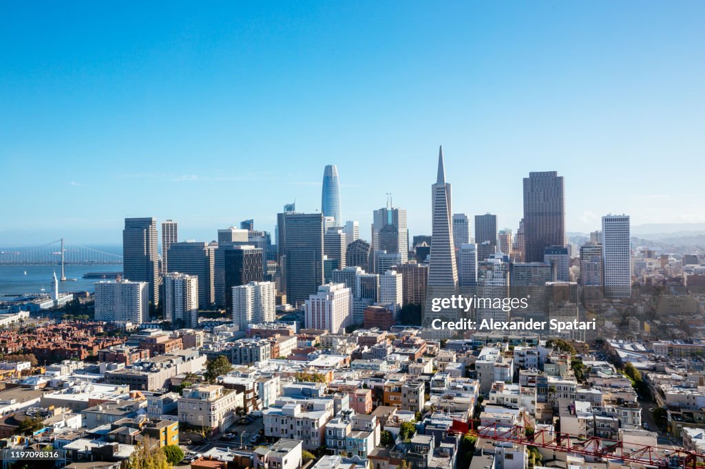 Aerial view of San Francisco skyline on a sunny day with clear blue sky, California, USA