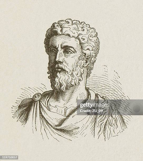 stockillustraties, clipart, cartoons en iconen met marcus aurelius (121-180), roman emperor, wood engraving, published in 1877 - filosofie